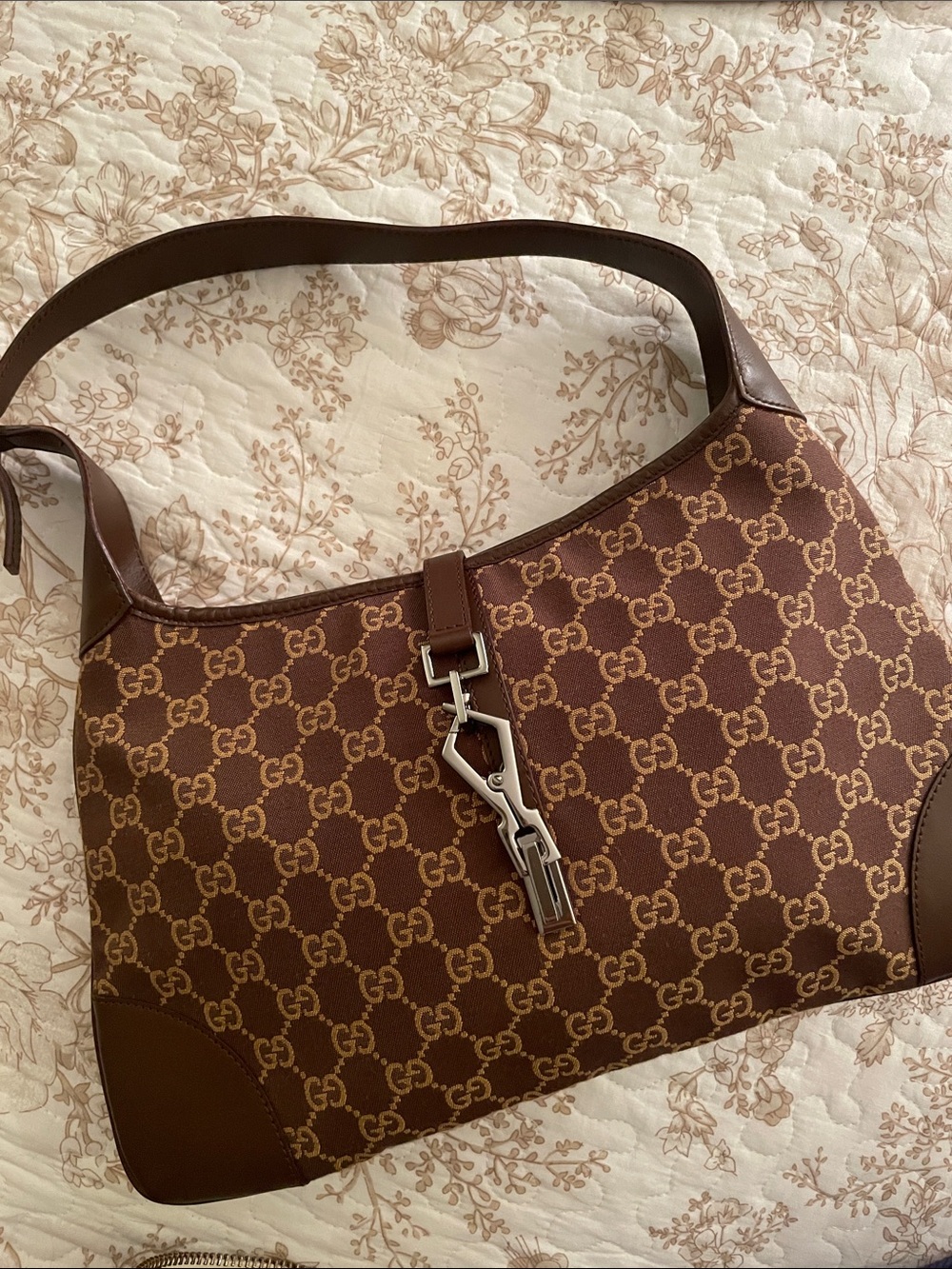 Vintage Gucci Jackie Brown and Tan GG Monogram Shoulder Bag with Silver Hardware